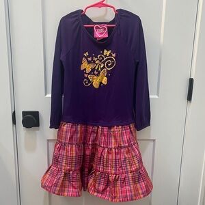 What a Doll! Purple and Pink Butterfly Dress with Plaid Skirt, Size 7/8 Girls